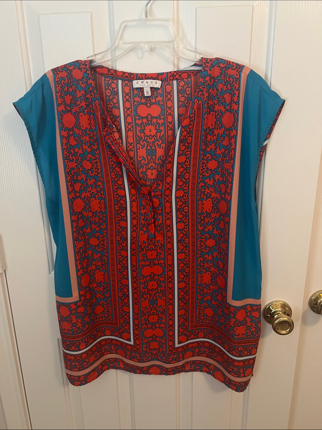 Chaus Teal And Red Printed Tie-Neck Tunic